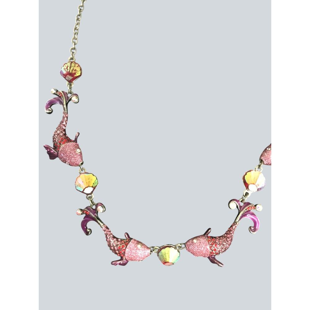 Betsey Johnson Koi Fish Statement Necklace Pink Enamel Crystal Rhinestone Sea